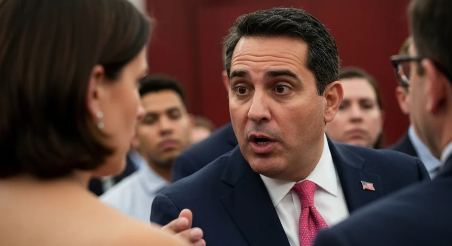 George Santos campaigning on a stage, smiling and waving to a crowd of supporters.