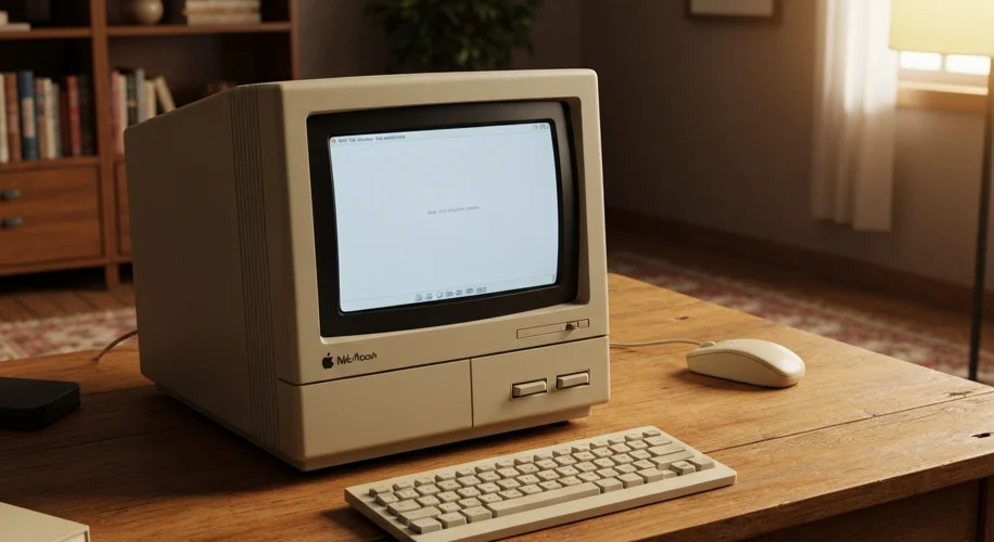A vintage Apple Macintosh computer sits on a wooden desk, its iconic beige casing and black-and-whit