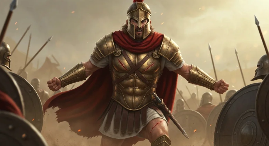 A depiction of Menelaus, king of Sparta, in full Mycenaean armor, standing defiantly on a battlefiel
