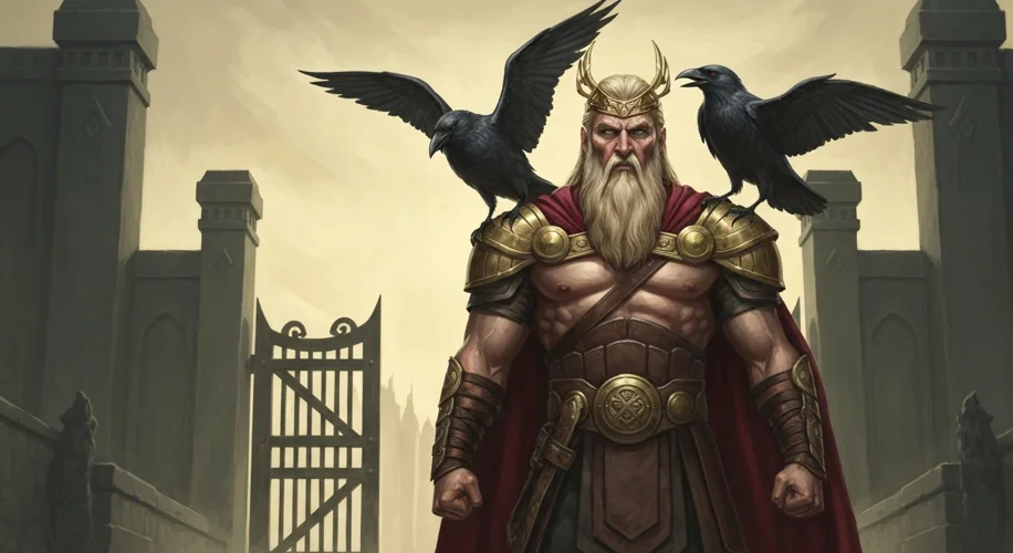 Illustration of Odin, the one-eyed All-Father, with his ravens Huginn and Muninn perched on his shou