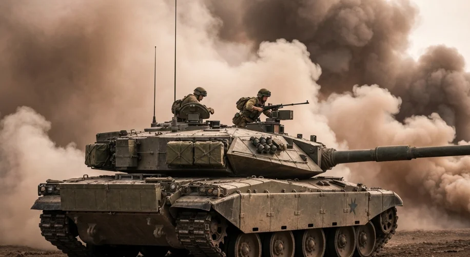 An Israeli tank crew scrambling to prepare their Merkava tank during the initial hours of the Yom Ki