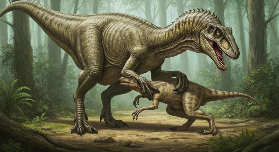 An artist's reconstruction of the new dromaeosaurid species using its powerful hands to grasp and su