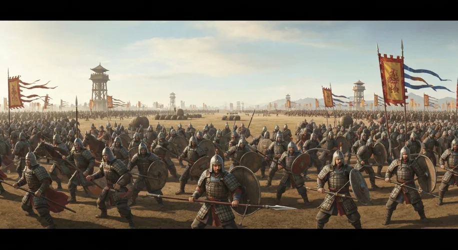 A depiction of Tang Dynasty Fubing soldiers, a mix of cavalry and infantry, training in a discipline