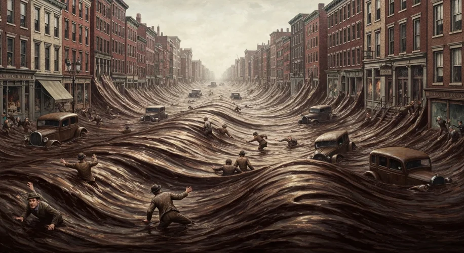 A chaotic scene in Boston's North End on January 15, 1919, showing a massive wave of dark molasses e