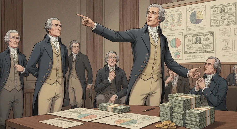 An illustration of Alexander Hamilton presenting financial plans to a worried-looking Continental Co