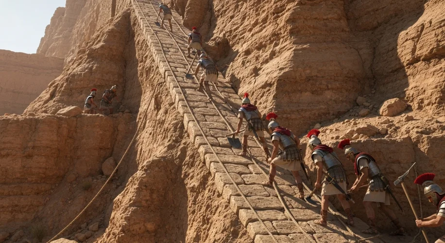 Close-up of Roman soldiers meticulously building a massive earthen siege ramp against the side of a 