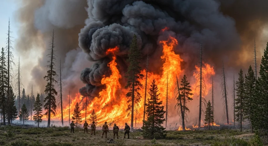 A panoramic view of a vast forest fire in the Rocky Mountains in 1910, with towering flames engulfin