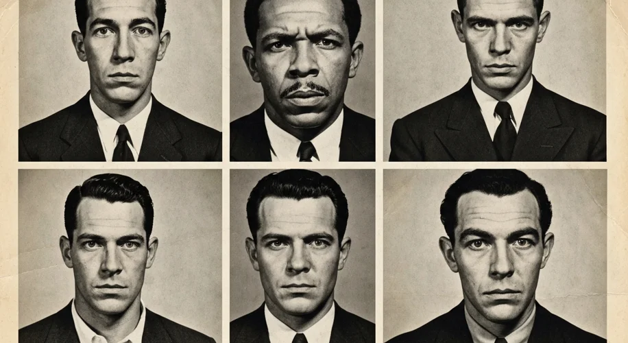 A vintage black and white photograph of the FBI's "Ten Most Wanted" poster from the 1950s, featuring