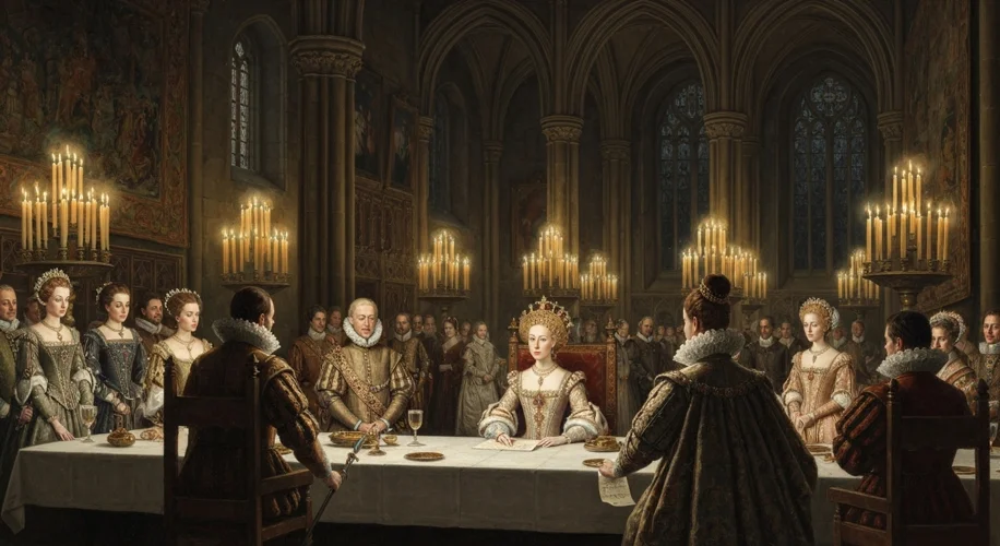 A grand medieval banquet hall, lit by candelabra, with Queen Elizabeth I seated at the head of the t