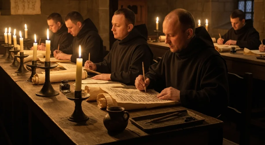 A medieval scriptorium bathed in candlelight, with monks diligently copying illuminated manuscripts.
