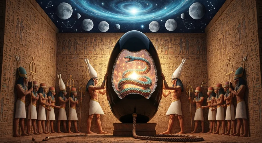 A detailed relief carving from an ancient Egyptian temple wall, depicting a large egg-shaped object 