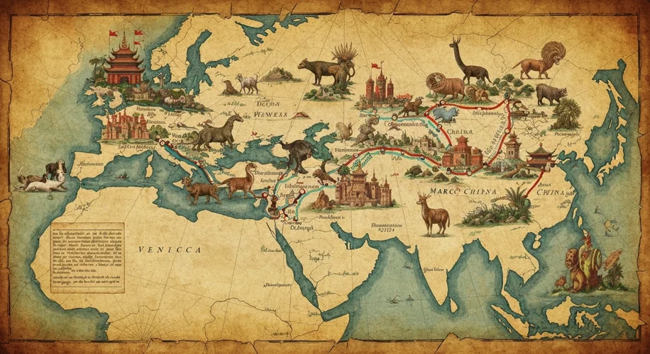 A faded, ancient map showing Marco Polo's overland route from Venice to China, with illustrations of