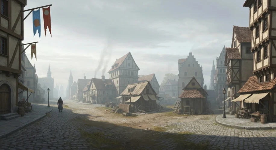 A panoramic view of a sparsely populated medieval European city in the late 14th century, with a few