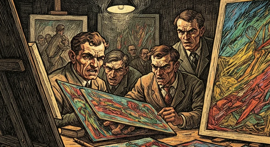 A woodcut style image depicting a group of German Expressionist artists in a smoky studio, their fac