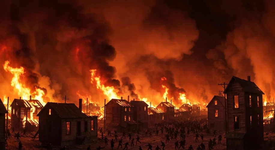 A wide shot of the Great Chicago Fire of 1871, showing massive flames engulfing wooden buildings and