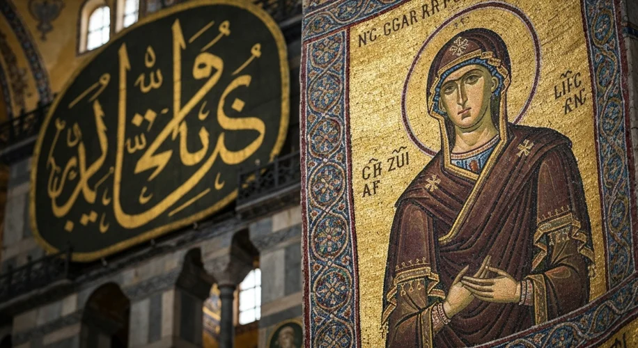 A close-up of a surviving Byzantine mosaic of the Virgin Mary within the Hagia Sophia, juxtaposed wi