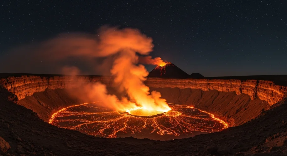 A panoramic view of Erta Ale volcano in Ethiopia at night, with a glowing orange lava lake visible w