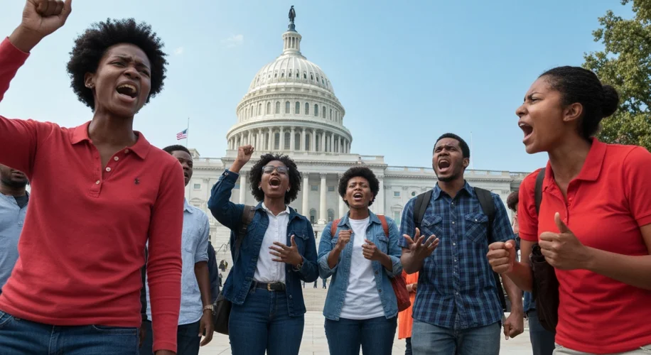 A diverse group of modern-day citizens holding signs advocating for voting rights outside a courthou