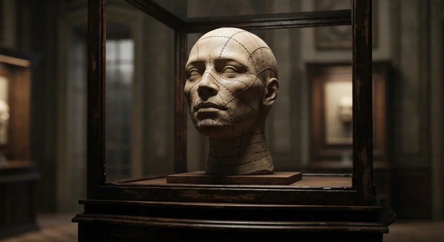 A dimly lit display case containing a mummified head, with visible stitches and signs of artificial 