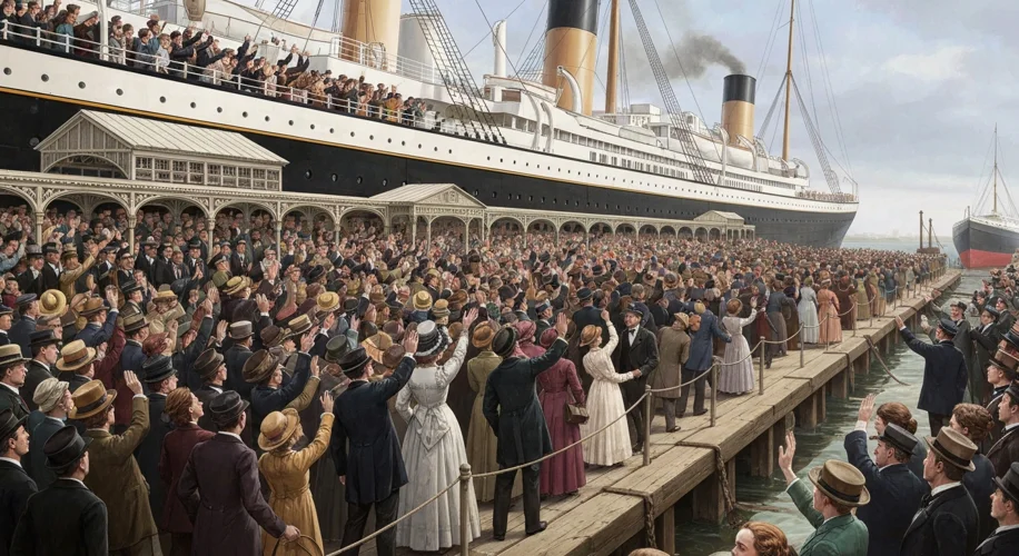 A grand, detailed illustration of the RMS Titanic departing Southampton docks, with crowds waving an
