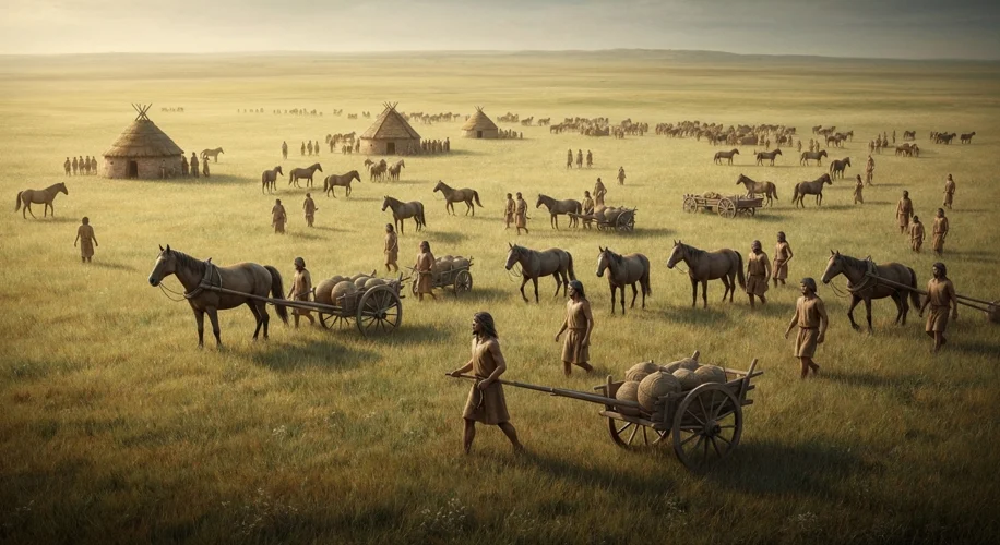 A visualization of reconstructed Proto-Indo-European society: a group of people with horses and simp