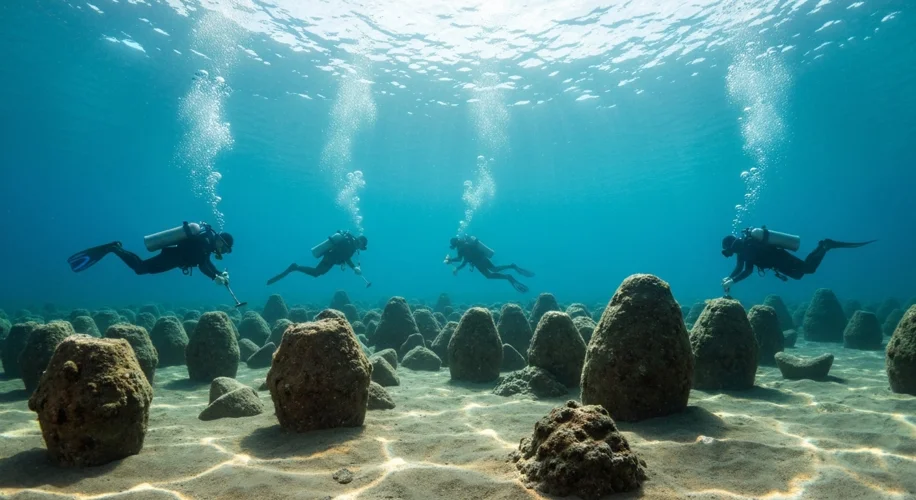 A collection of tarnished, rectangular metal ingots, partially submerged in sand on the seabed, with