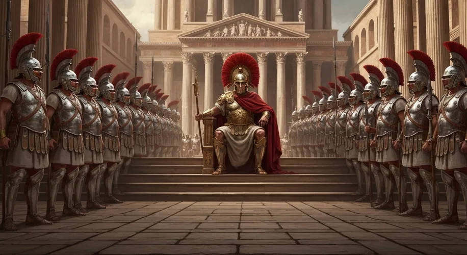 A dramatic depiction of the Praetorian Guard in ancient Rome, gleaming armor, flanking an emperor on