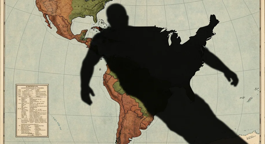 A vintage map of Latin America with a large, imposing silhouette of the United States casting a shad