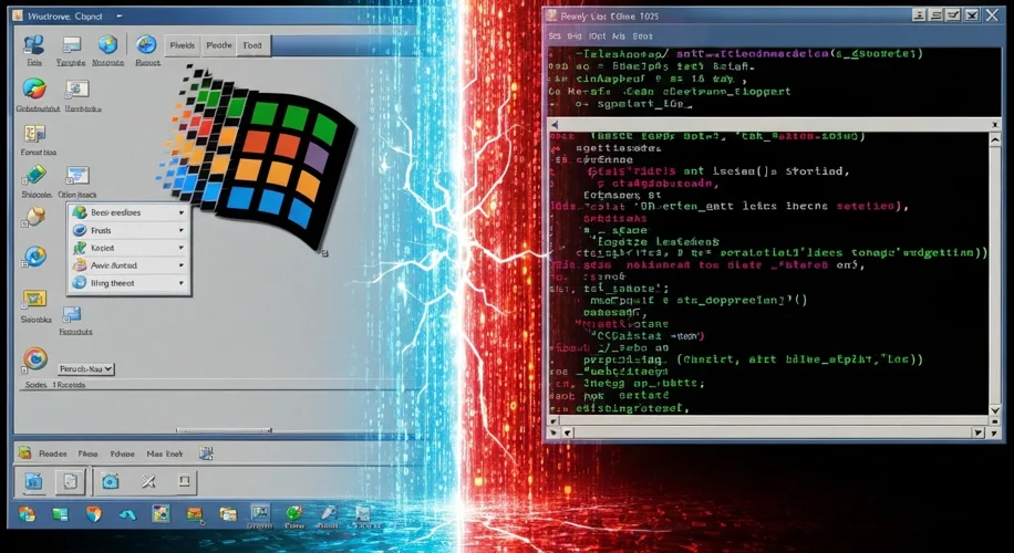 A split image showing a classic Windows 95 desktop on one side and a retro Linux command-line interf