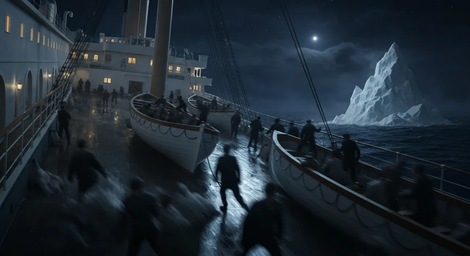 A dramatic scene of lifeboats being lowered from the tilting deck of the Titanic at night, with iceb