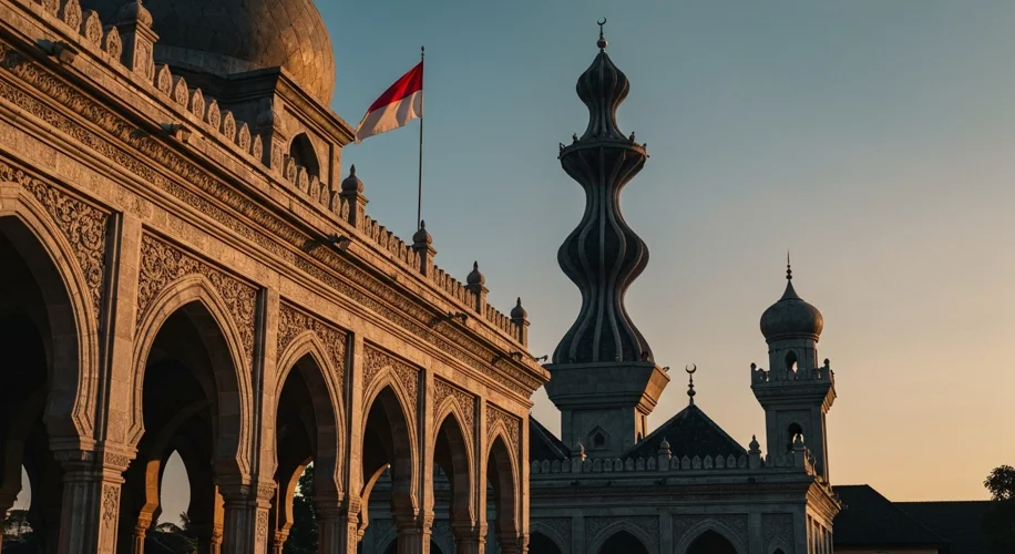 A traditional Indonesian mosque with distinctive architectural elements, perhaps a minaret with a re