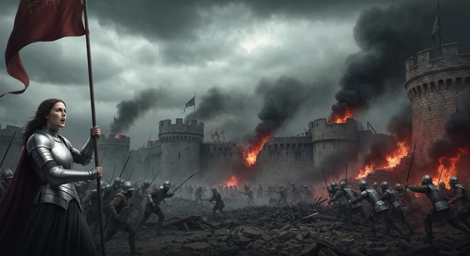 A dramatic depiction of the Siege of Orléans, with Joan of Arc at the forefront, holding her banner 