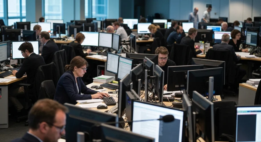 A modern BBC newsroom with journalists actively working at their desks, displaying a contemporary se