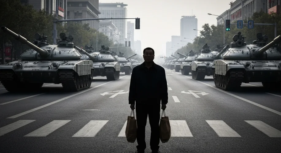 A lone, unarmed Chinese man stands defiantly in front of a column of tanks on a wide street in Beiji