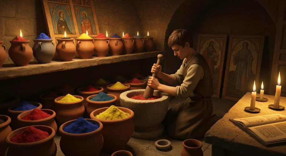 A medieval apprentice meticulously grinding pigments with a pestle and mortar in a dimly lit worksho