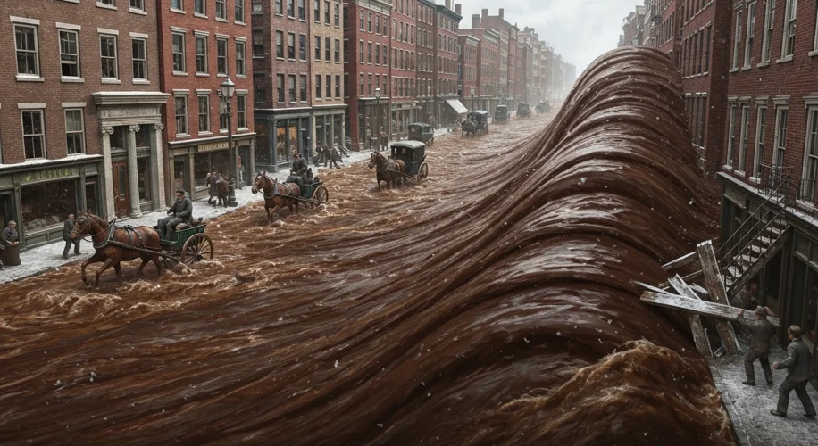 A massive, dark wave of molasses engulfs a street in Boston's North End on a winter's day in 1919, w