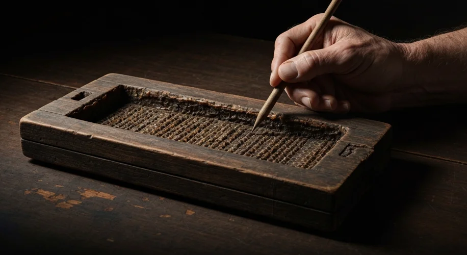 A close-up of a Roman wax tablet (tabula cerata) with stylus marks visible on the surface. A hand is