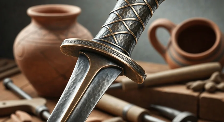 A close-up of a detailed bronze dagger from the Bronze Age, with intricate patterns on the hilt. The