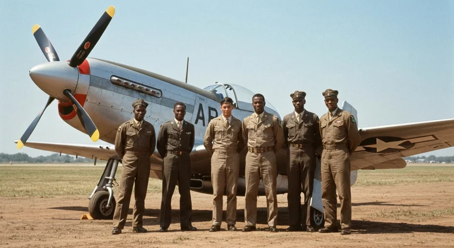 A group of African American men in US Army Air Corps pilot uniforms standing proudly in front of a P