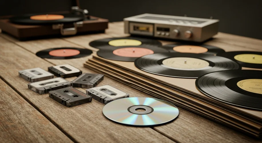 An array of classic vinyl records, cassette tapes, and a shiny Compact Disc on a wooden table, with 