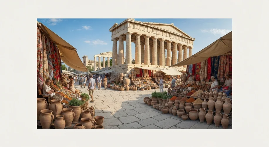 A bustling ancient Greek marketplace, with merchants and citizens engaging in trade, surrounded by c