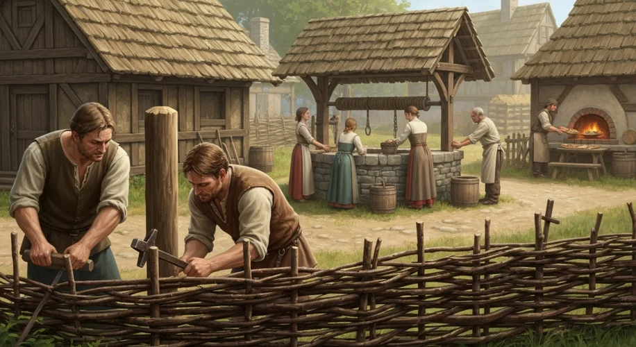 A close-up illustration of a medieval village scene focusing on community cooperation. In the foregr