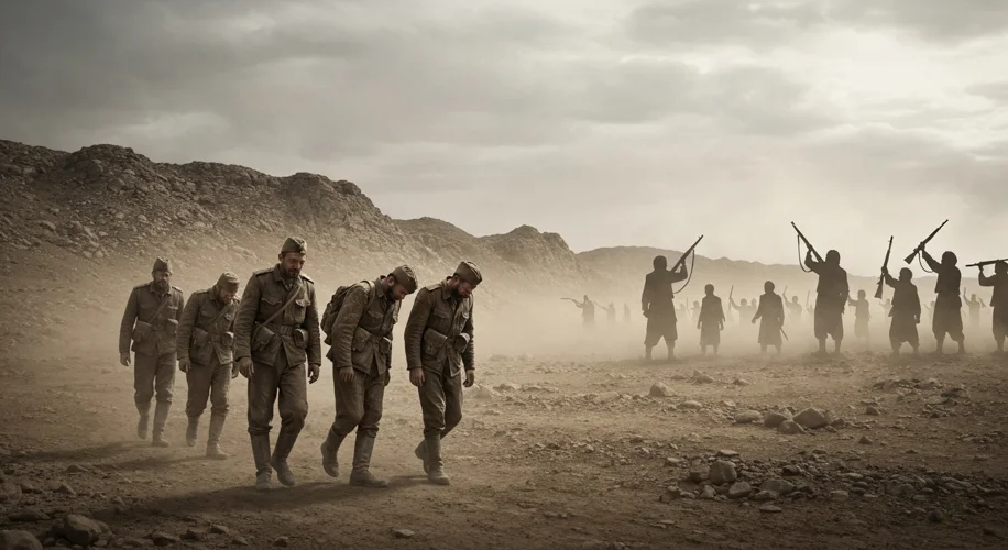 A poignant scene of Soviet soldiers retreating from Afghanistan, walking back across a barren border